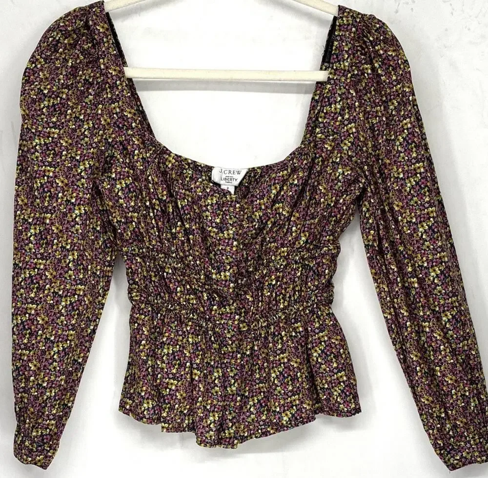 J Crew X Librrty Fabric Floral Smocked Peplum Blouse Cottage Core Puff Slv 2